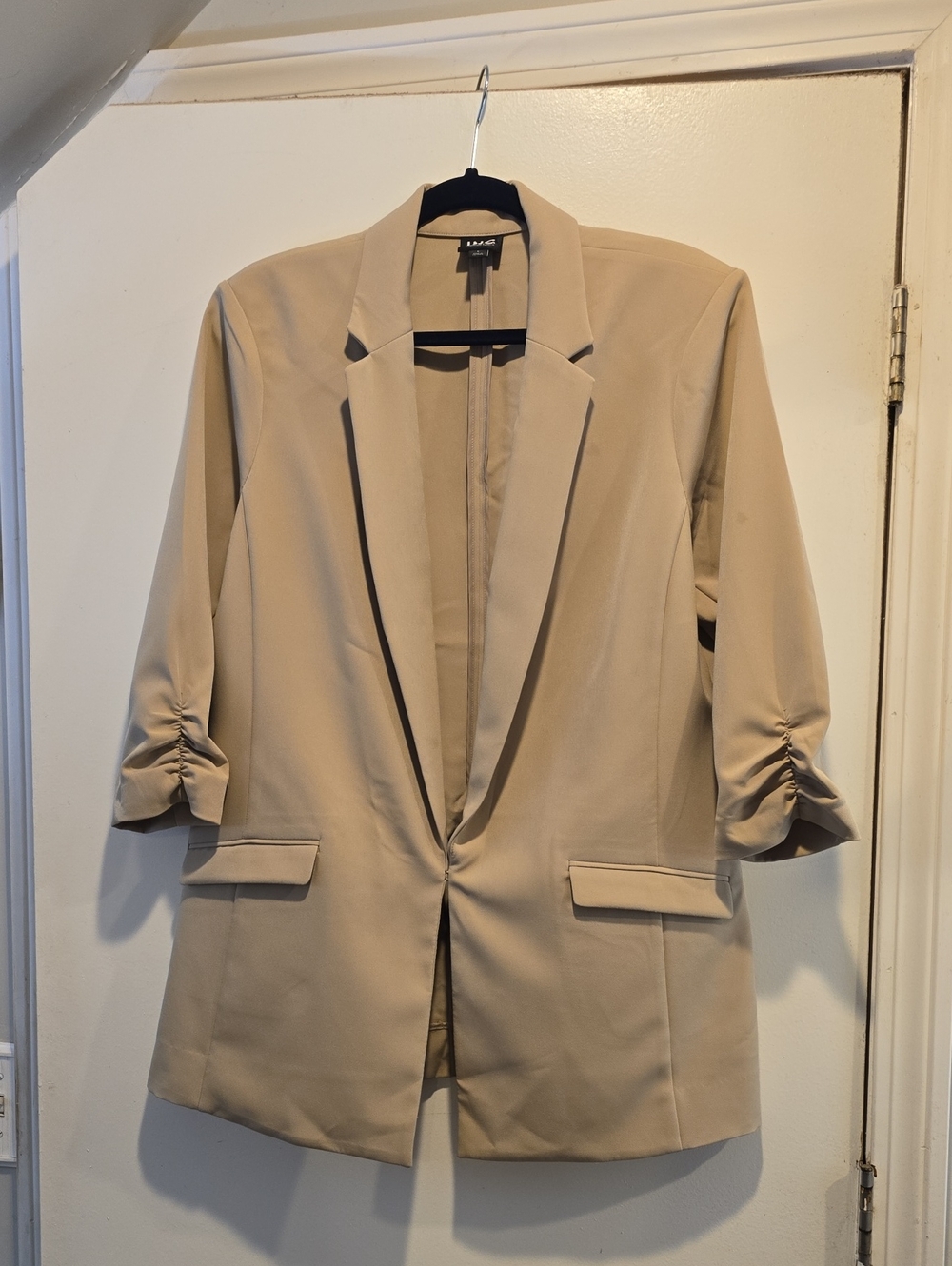 INC International Concepts Beige Open-Front Blazer with Ruched Sleeves